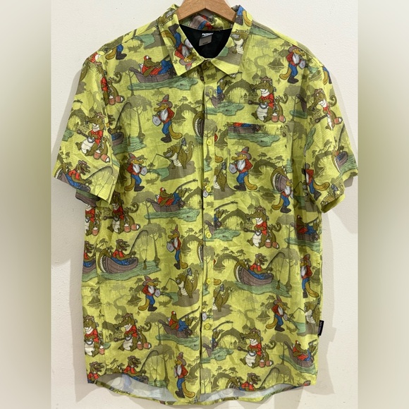 Psycho Tuna Other - PSYCHO TUNA Sleeve Casual Button-Down Shirt in Lime Green Cartoon Print